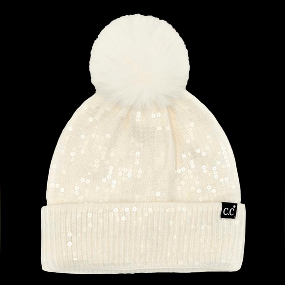 NWT 430. Ivory Sequin Pom Beanie hat - Picture 1 of 1